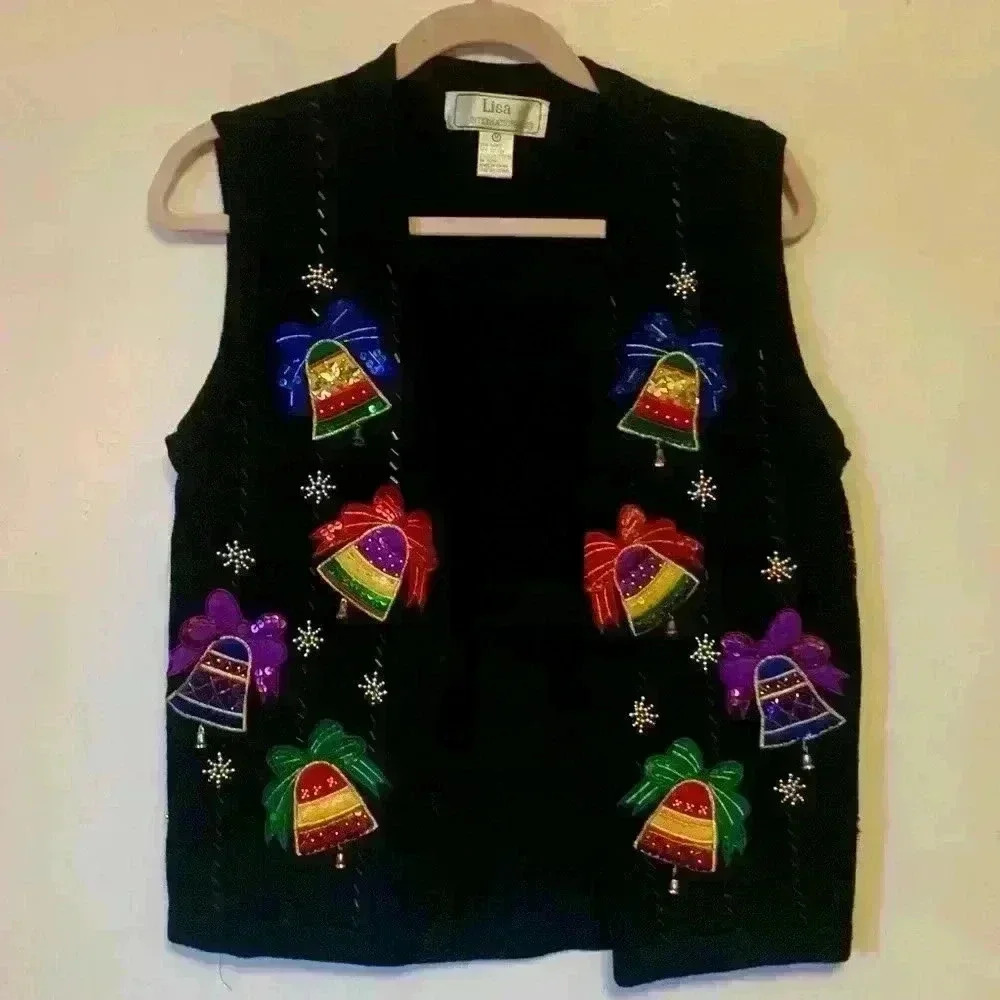 Vintage Black Bell Embroidered Vest Size Medium